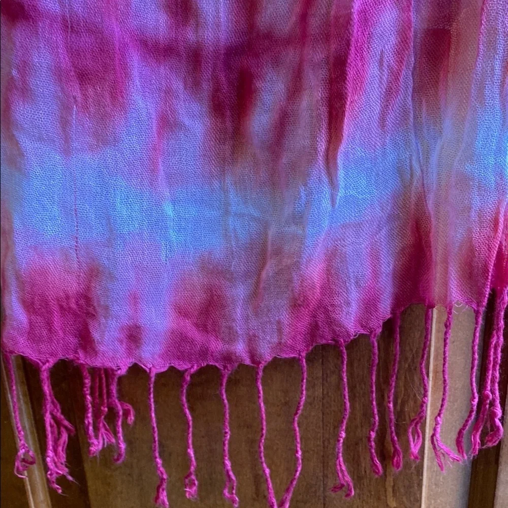 Vibrant Pink and White Tie-Dye Scarf with Fringe Fall Lagenlook Summer Fall